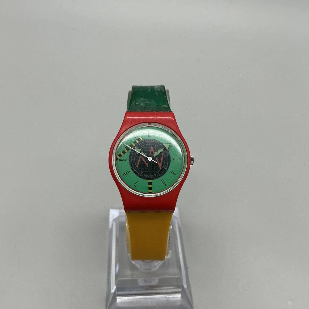 Vintage Swatch Radar Womens Watch 25mm Green Dial Red Swiss New Battery